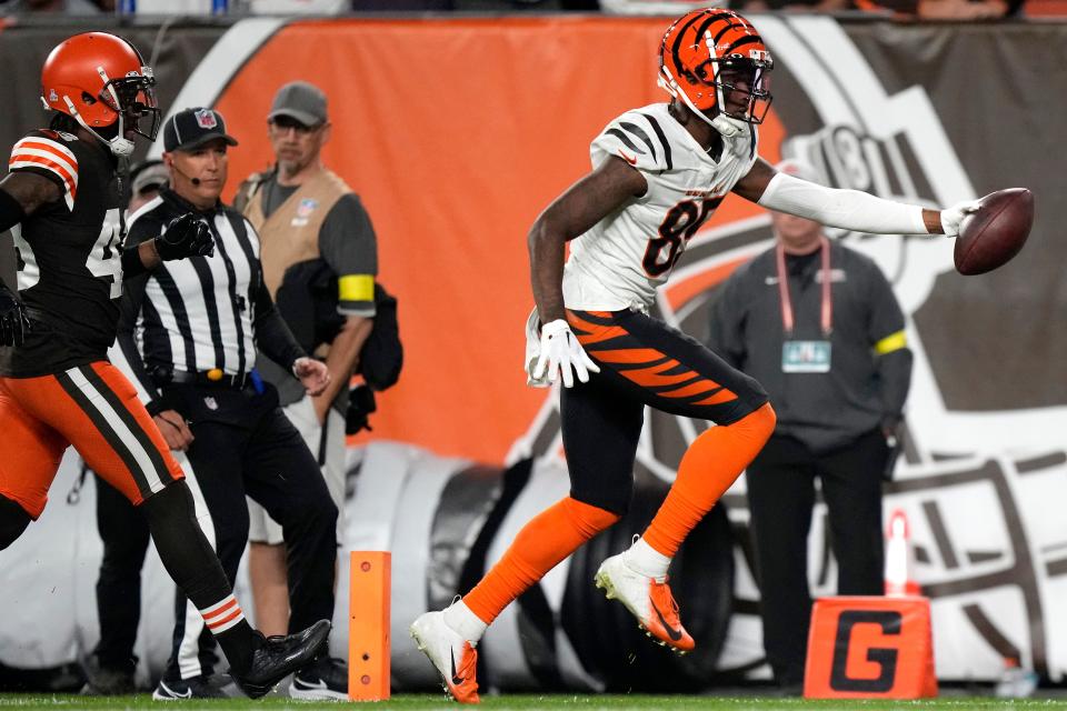 Cincinnati Bengals wide receiver Tee Higgins scores a touchdown against the Cleveland Browns.