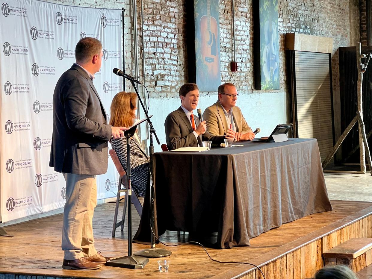 Maury Alliance President Wil Evans, left, moderates the Breakfast with The Mayor panel, which from left included Tourism and Merketing Director Kellye Murphy, Mayor Chaz Molder and Director of Development Services Paul Keltner.