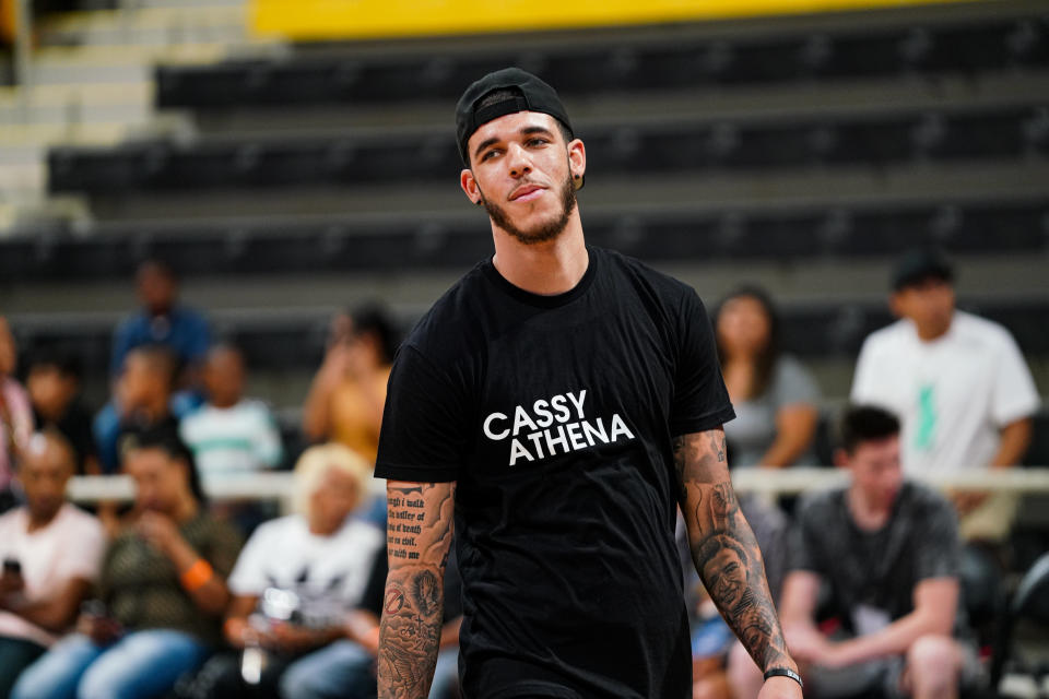 LONG BEACH, CALIFORNIA - AUGUST 17: Lonzo Ball smiles at Jordan Bell's First Annual Race to Erase MS Celebrity Basketball Game at California State University Long Beach on August 17, 2019 in Long Beach, California. (Photo by Cassy Athena/Getty Images)