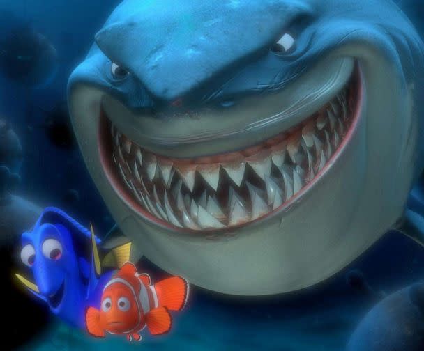 PHOTO: Marlin and Dory are shown with Bruce the shark in a scene from 'Finding Nemo.' (Disney/Pixar)