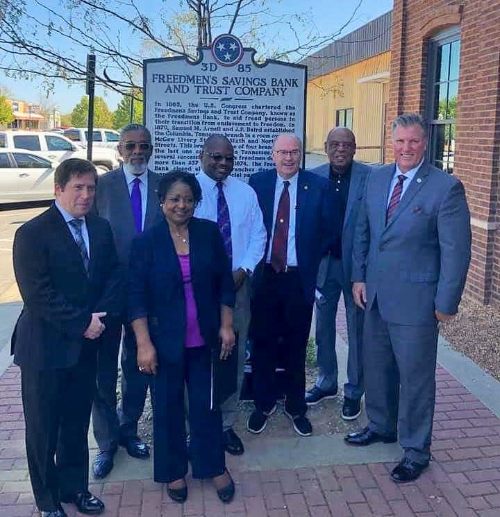 A historic maker was installed at Freedmen's Savings Bank and Trust Company site in Columbia at North Main and 6th Street in 2020. (Left) Tom Price, director of the Maury Archives; Eric Cox, director of the society; Jo Ann McClellan, society president; Dr. Lea Williams, professor of history at TSU and keynote speaker at the dedication program; Tony Massey, city manager; Walter Mitchell, society vice president and Rep. Scott Cepicky, R-Culleoka.