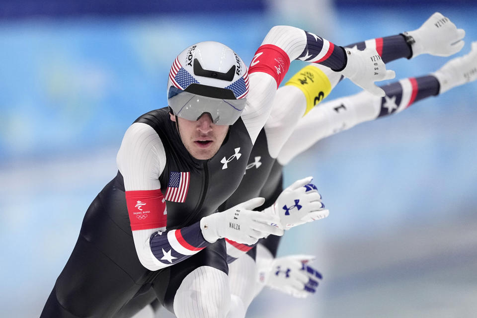 Team United States, led by Casey Dawson, with Emery Lehman center and Ethan Cepuran, compete during the speedskating men's team pursuit semifinals at the 2022 Winter Olympics, Tuesday, Feb. 15, 2022, in Beijing. (AP Photo/Sue Ogrocki)