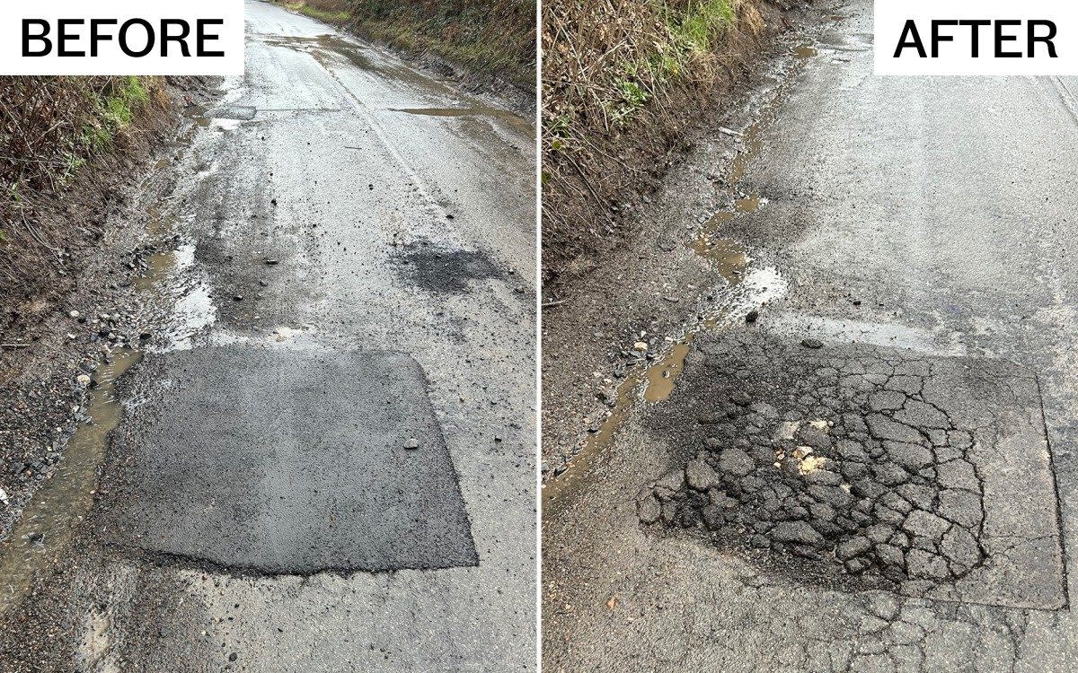 Pete Munro, a local resident, visited the site of the pothole repair three times after it was filled to track its disintegration