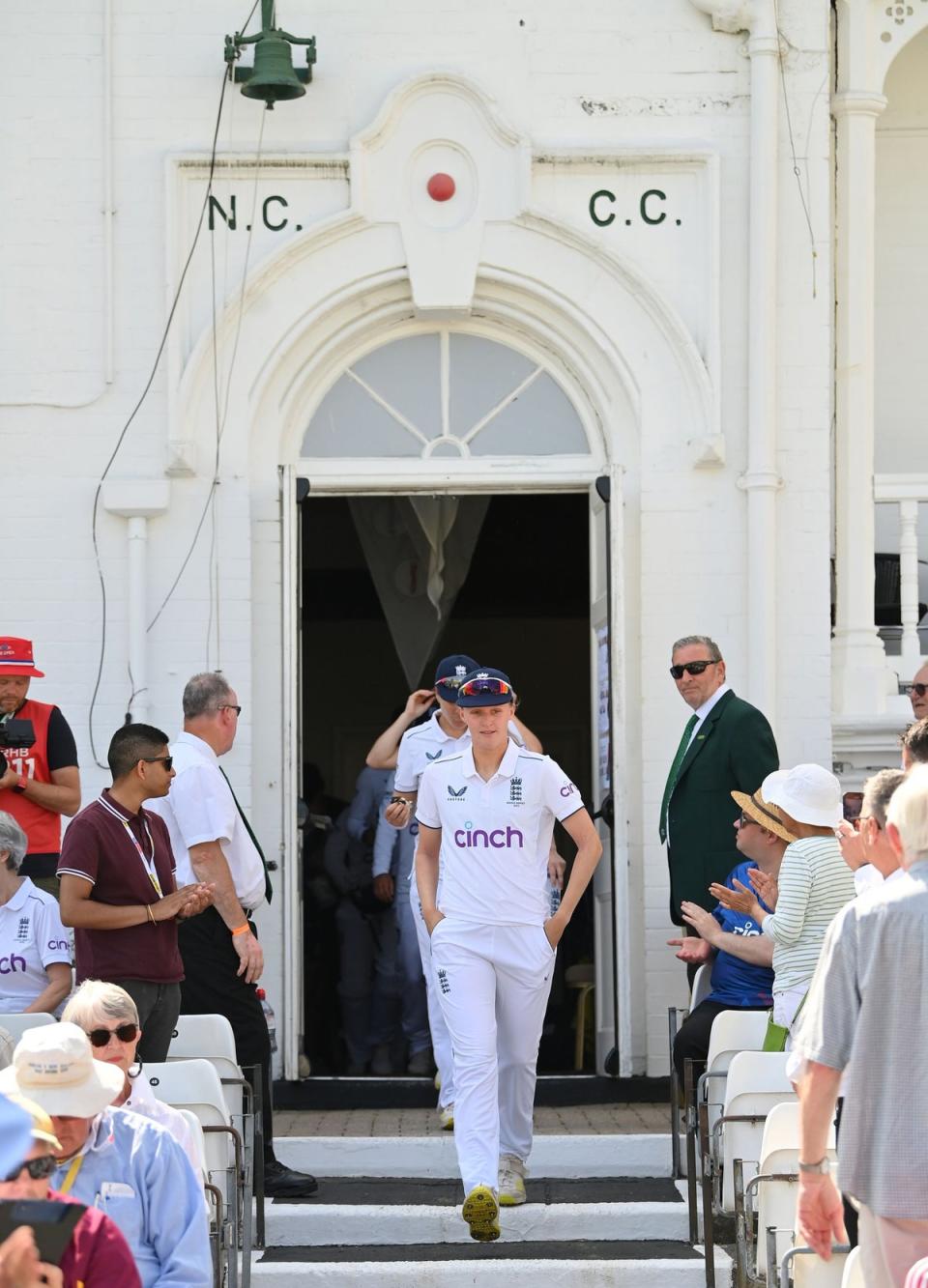 Lauren Filer leads England out on day four of the Women's Ashes Test (Getty Images)