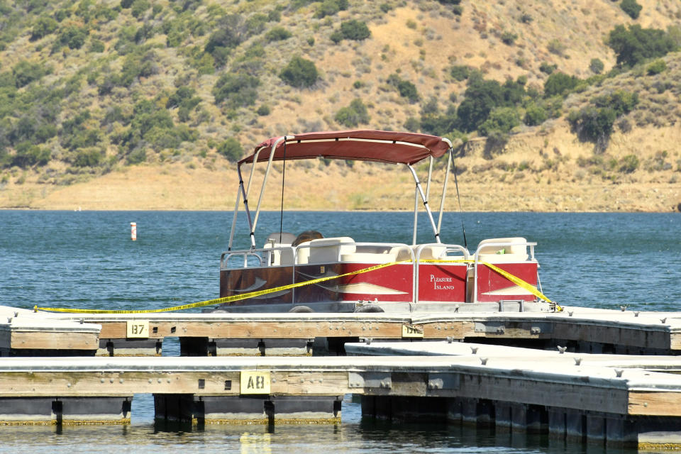 A pontoon boat is docked and roped off with police tape at Lake Piru, where actress Naya Rivera was reported missing Wednesday, on July 8, 2020. According to the Ventura County Sheriff’s Department this is believed to the boat that was rented by Rivera.