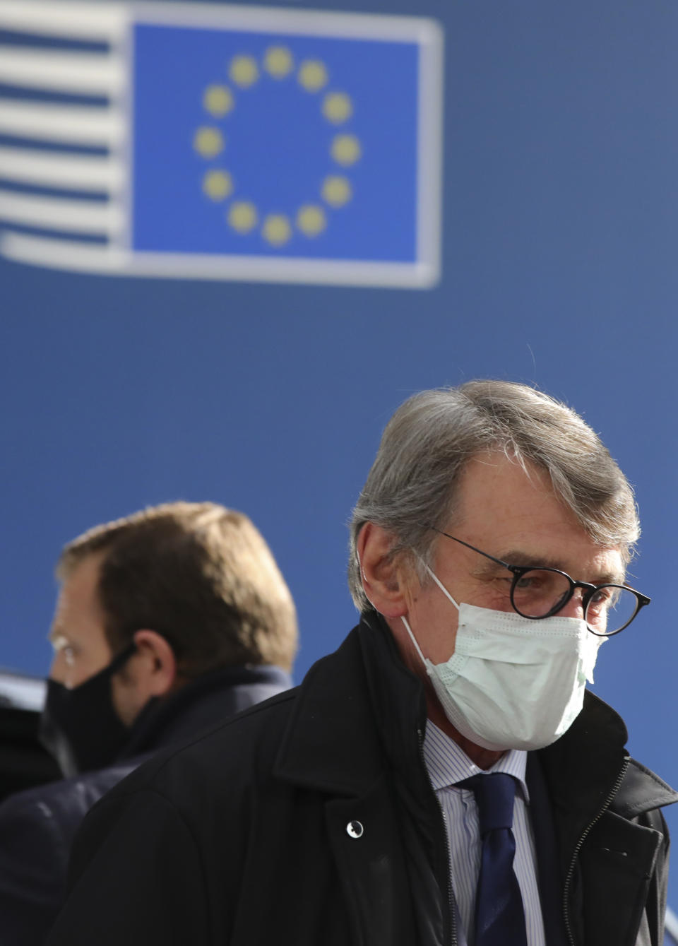 European Parliament President David Sassoli arrives for an EU summit at the European Council building in Brussels, Thursday, Oct. 15, 2020. European Union leaders are meeting in person for a two-day summit amid the worsening coronavirus pandemic to discuss topics ranging from Brexit to climate and relations with Africa. (AP Photo/Olivier Matthys, Pool)