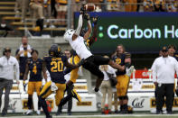 Sacramento State wide receiver Jordan Chin (6) can't catch a pass over California cornerback Lu-Magia Hearns (15) and Josh Drayden (20 during the first half of an NCAA college football game on Saturday, Sept. 18, 2021, in Berkeley, Calif. (AP Photo/Jed Jacobsohn)