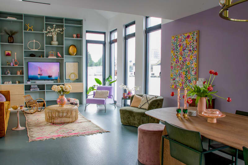 View of pastel living room from dining area.