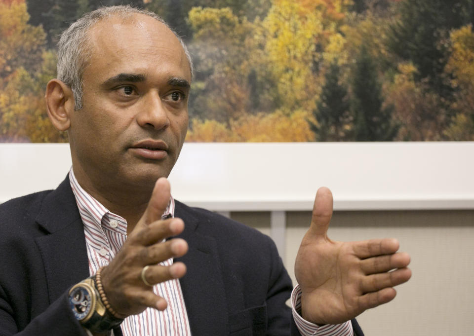 In this Wednesday, March 26, 2014 photo, Chet Kanojia, the founder and CEO of Aereo, speaks during an interview with The Associated Press, in New York. The future of Aereo, an online service that provides over-the-air TV channels, hinges on a battle with broadcasters that goes before the U.S. Supreme Court in late April 2014. (AP Photo/Mark Lennihan)