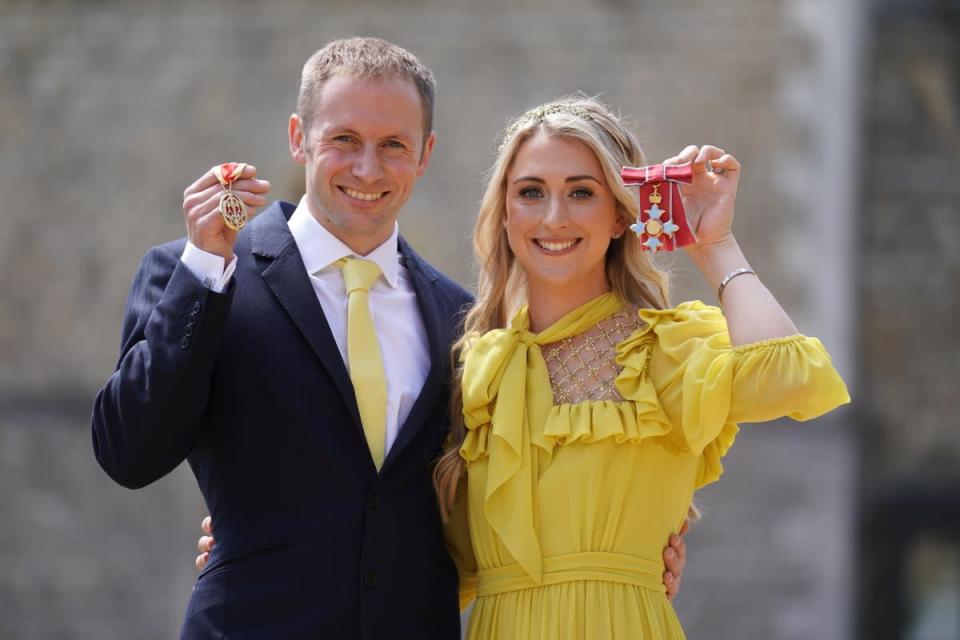 Sir Jason Kenny and Dame Laura Kenny after they received their Knight Bachelor and Dame Commander awards (Kirsty O’Connor/PA) (PA Wire)