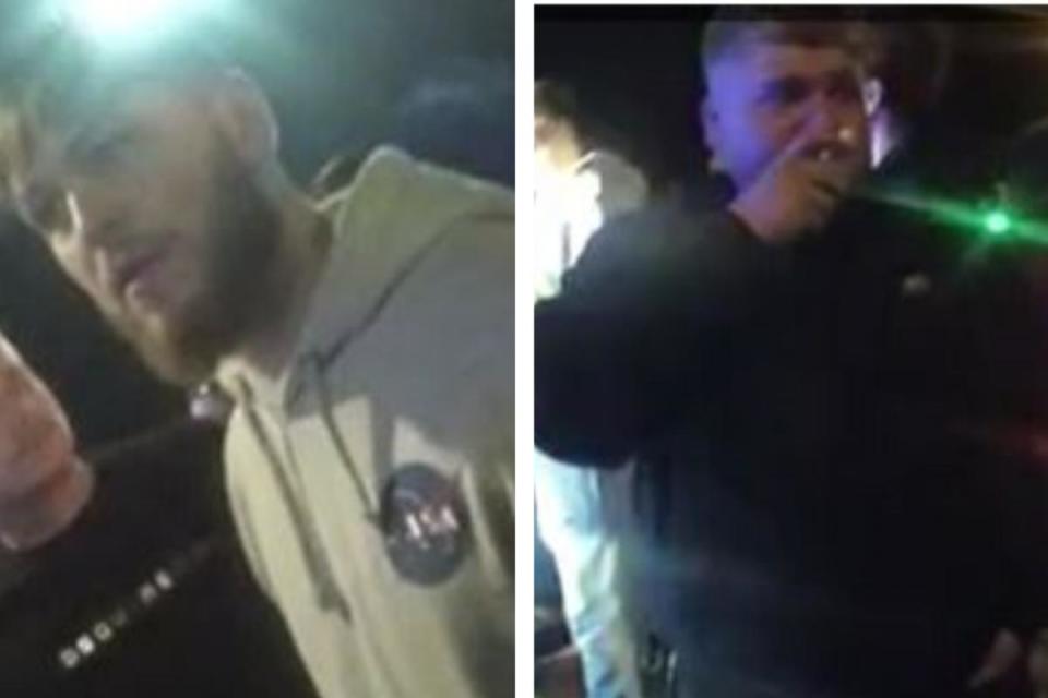 Police would like to speak to these men after police vehicles were damaged at a Swindon car meet i(Image: Wiltshire Police)/i