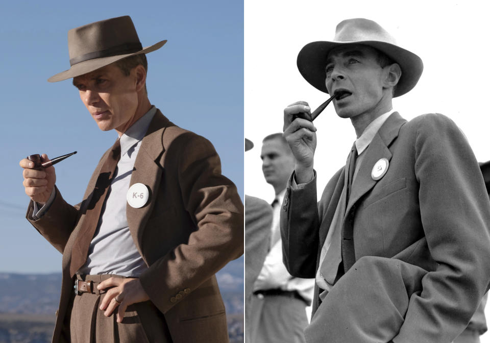 This image released by Universal Pictures shows Cillian Murphy as Dr. J. Robert Oppenheimer in a scene from "Oppenheimer," left, and physicist Dr. J. Robert Oppenheimer on the test ground for the atomic bomb near Alamogordo, N.M., on Sept. 9, 1945. (Universal Pictures via AP, left, and AP Photo)