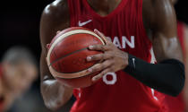 Japan's Rui Hachimura (8) prepares to shoot a free throw during men's basketball preliminary round game against Slovenia at the 2020 Summer Olympics, Thursday, July 29, 2021, in Saitama, Japan. (AP Photo/Charlie Neibergall)