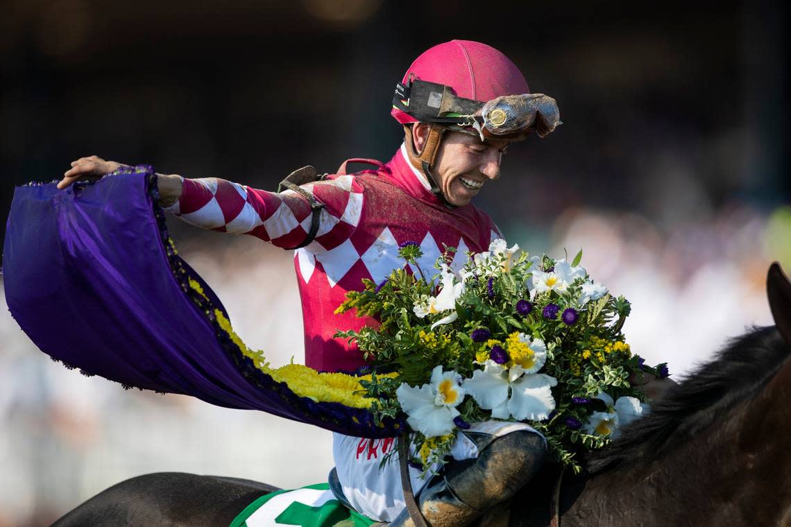 Wonder Wheel, with Tyler Gaffalione up, wins the Juvenile Fillies race during the first day of the 2022 Breeders’ Cup World Championships at Keeneland. Gaffalione won the jockey title at the 2023 Keeneland Spring Meet.