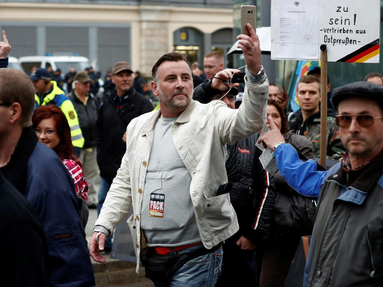 Lutz Bachmann, co-founder of the Pegida movement, takes part in a protest against German Chancellor Angela Merkel on the German Unity Day: AFP/Getty