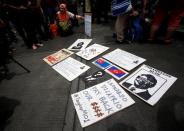 Student activists lay out placards as they prepare to march towards Dataran Merdeka, or Independence Square, to call for the arrest of "Malaysian Official 1" in Kuala Lumpur, Malaysia August 27, 2016. REUTERS/Edgar Su