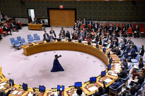 PHOTO: In this file photo, members of the United Nations Security Council vote on a resolution condemning the referendums on annexing several Russia-occupied regions of Ukraine, in New York, Sept. 30, 2022. (Andrew Kelly/Reuters)