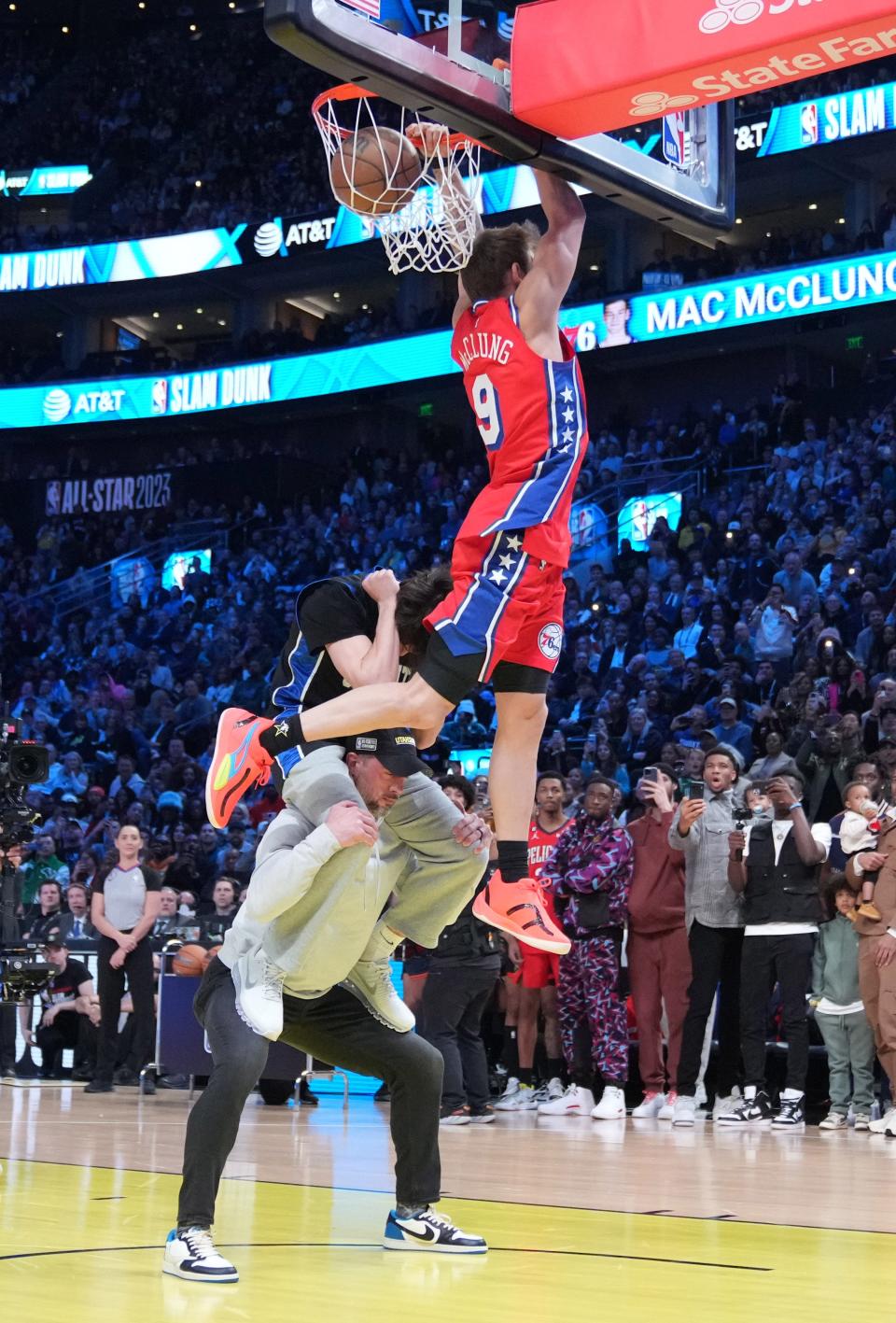 Philadelphia 76ers guard Mac McClung shows his stuff in NBA All-Star Weekend dunk contest.