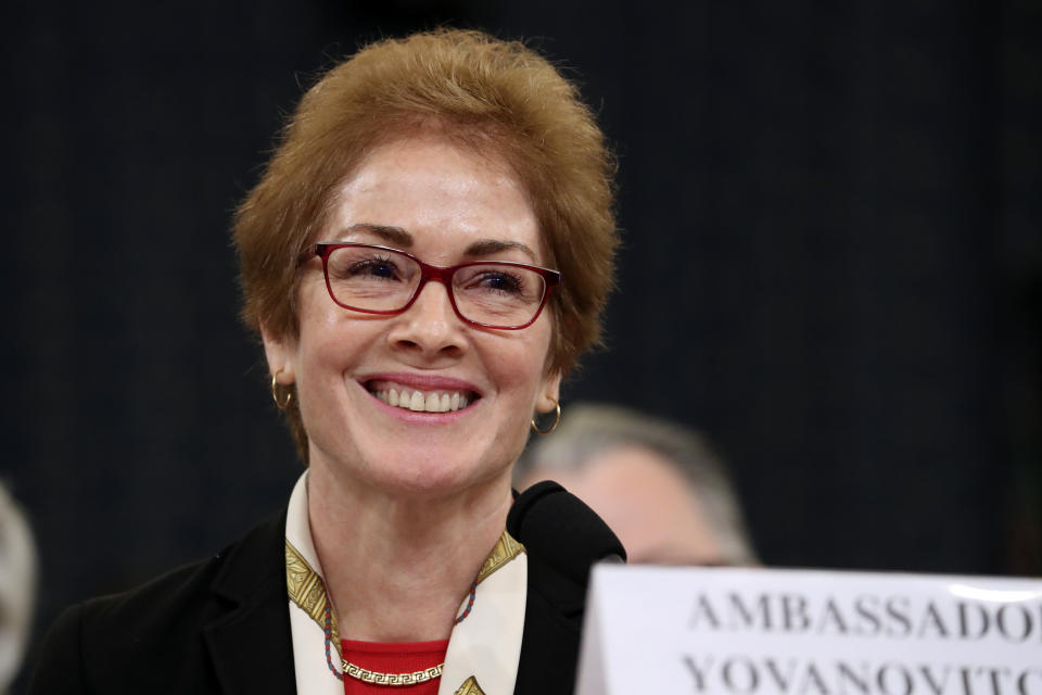 Former U.S. Ambassador to Ukraine Marie Yovanovitch testifies before the House Intelligence Committee on Capitol Hill in Washington, Friday, Nov. 15, 2019, during the second public impeachment hearing of President Donald Trump's efforts to tie U.S. aid for Ukraine to investigations of his political opponents. (AP Photo/Andrew Harnik)