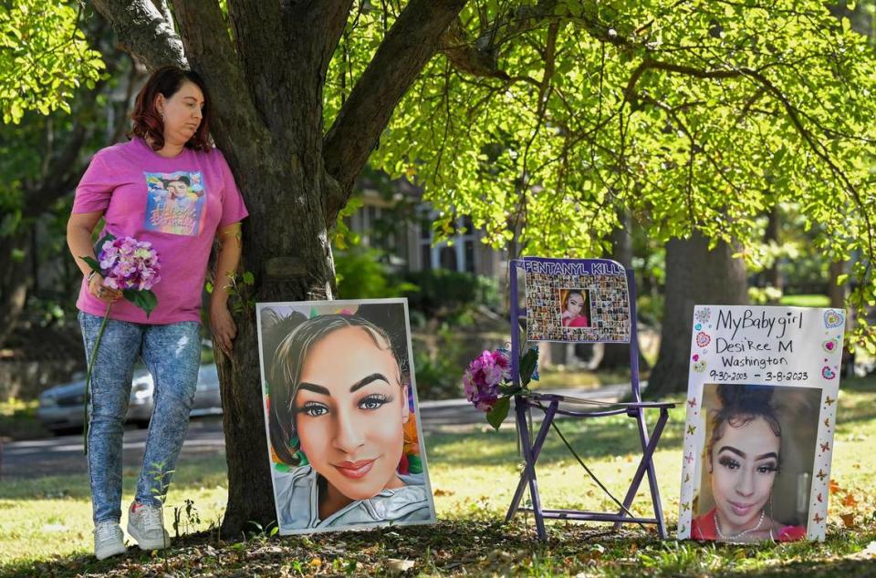 “This was our tree,” said Kelly Garner of Leavenworth, Kansas, who is spreading the word about the dangers of fentanyl. Her daughter, Desi’ Ree Washington, 19, died March 8, 2023, after taking what she thought was a Xanax. Garner displays posters of her daughter and an empty purple chair outside her home to signify her loss.