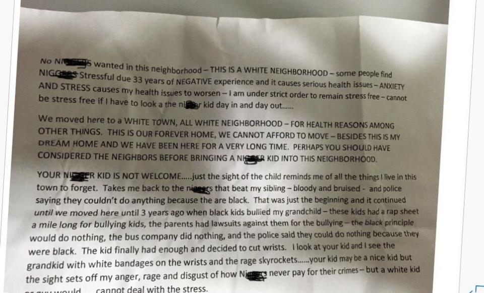 The racist letter that Deborah Cantwell admits to writing. (Photo: GoFundMe)