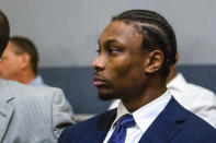 Former Las Vegas Raiders player Henry Ruggs sits in court on Tuesday, May 2, 2023, in Las Vegas. Ruggs told a judge Tuesday he will admit that he drove drunk at speeds up to 156 mph, causing a fiery crash that killed a woman. The plea deal could send the 24-year-old first-round NFL draft pick to state prison for three to 10 years. (AP Photo/Ty O'Neil)