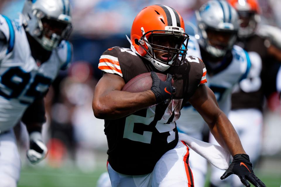 Browns running back Nick Chubb runs against the Panthers, Sunday, Sept. 11, 2022, in Charlotte, N.C.