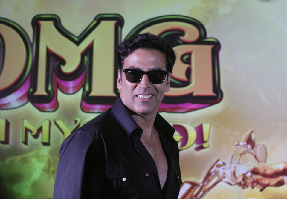 Bollywood actor Akshay Kumar poses at a press conference to promote his upcoming movie " OMG Oh My God" in Ahmadabad, India, Monday, Sept. 24, 2012. The film will be released on Sept. 28. (AP Photo/Ajit Solanki)