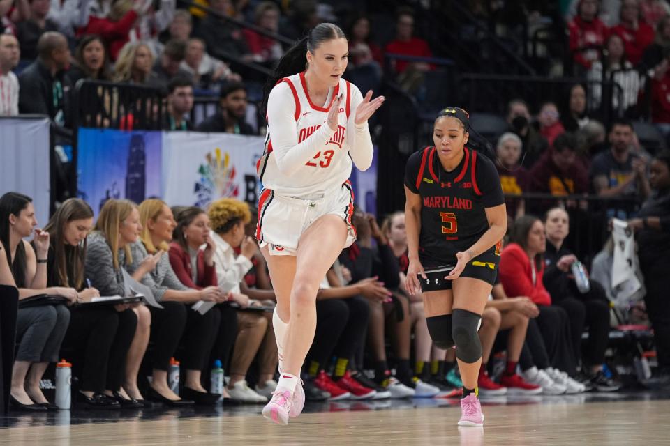 Ohio State forward Rebeka Mikulasikova claps after making a 3-point basket on Friday.