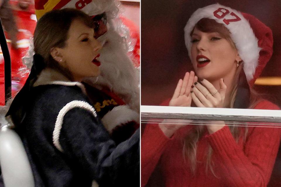 <p>Jamie Squire/Getty; AP Photo/Charlie Riedel</p> Taylor Swift wears "T" earrings and Eras-coded bow to Chiefs vs. Raiders game on Dec. 25