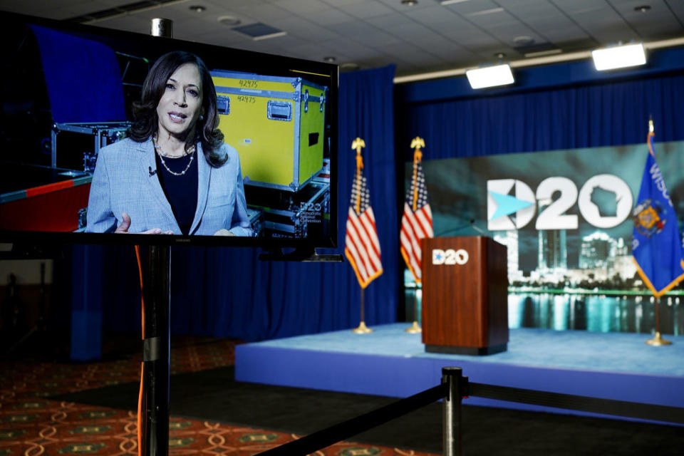 Senator Kamala Harris displayed on a video monitor while speaking during the virtual Democratic National Convention. Source: Getty