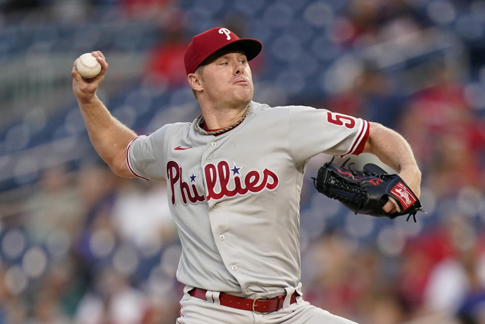 Philadelphia Phillies starting pitcher Chase Anderson throws to the Washington Nationals in the third inning of a baseball game, Wednesday, Aug. 4, 2021, in Washington. (AP Photo/Patrick Semansky)