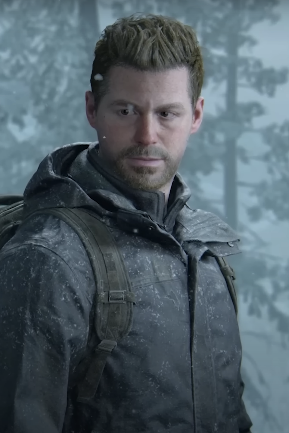 Owen in The Last of Us in a winter environment wearing a jacket and backpack