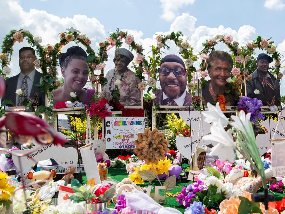 A memorial for the supermarket shooting victims is set up outside the Tops Friendly Market on Thursday, July 14, 2022, in Buffalo, N.Y. N.Y. The Buffalo supermarket where 10 Black people were killed by a white gunman is set to reopen its doors, two months after the racist attack.
