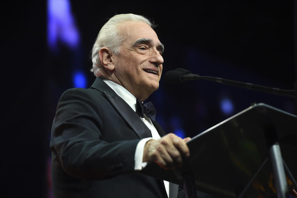 FILE - Martin Scorsese accepts the Sonny Bono visionary award for his film "The Irishman" at the 31st annual Palm Springs International Film Festival Awards Gala on Jan. 2, 2020, in Palm Springs, Calif. Scorsese turns 79 on Nov. 17. (AP Photo/Chris Pizzello, File)