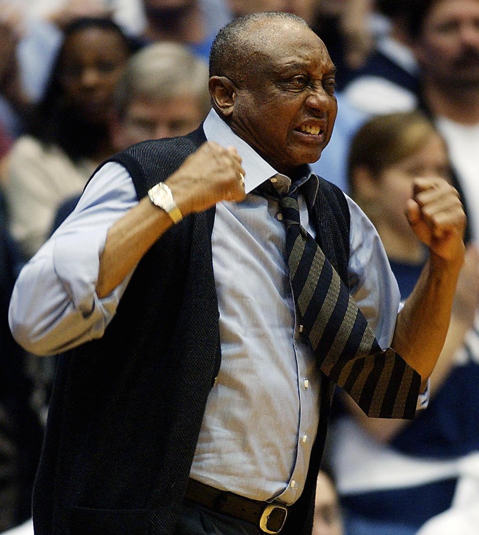 FILE - Temple head coach John Chaney reacts to a foul call in the first half of an NCAA college basketball game against Duke in Durham, N.C., in this Jan. 8, 2005, file photo. John Chaney, one of the nation’s leading Black coaches and a commanding figure during a Hall of Fame basketball career at Temple, has died. He was 89. His death was announced by the university Friday, Jan. 29, 2021.(AP Photo/Sara D. Davis, File)