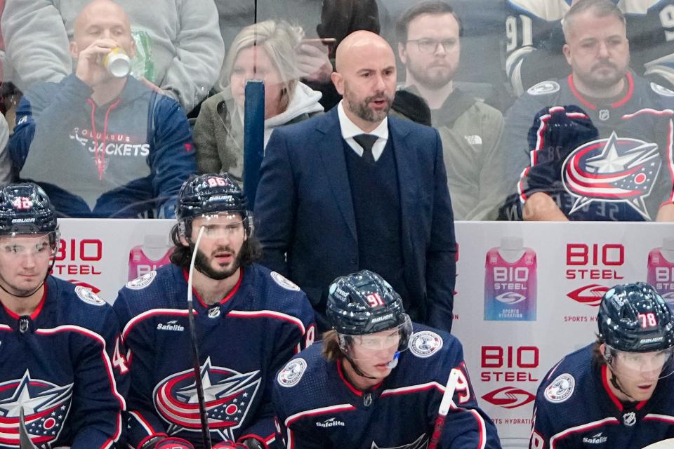 Oct 16, 2023; Columbus, Ohio, USA; Columbus Blue Jackets head coach Pascal Vincent watches from the bench during the second period of the NHL hockey game against the Detroit Red Wings at Nationwide Arena.