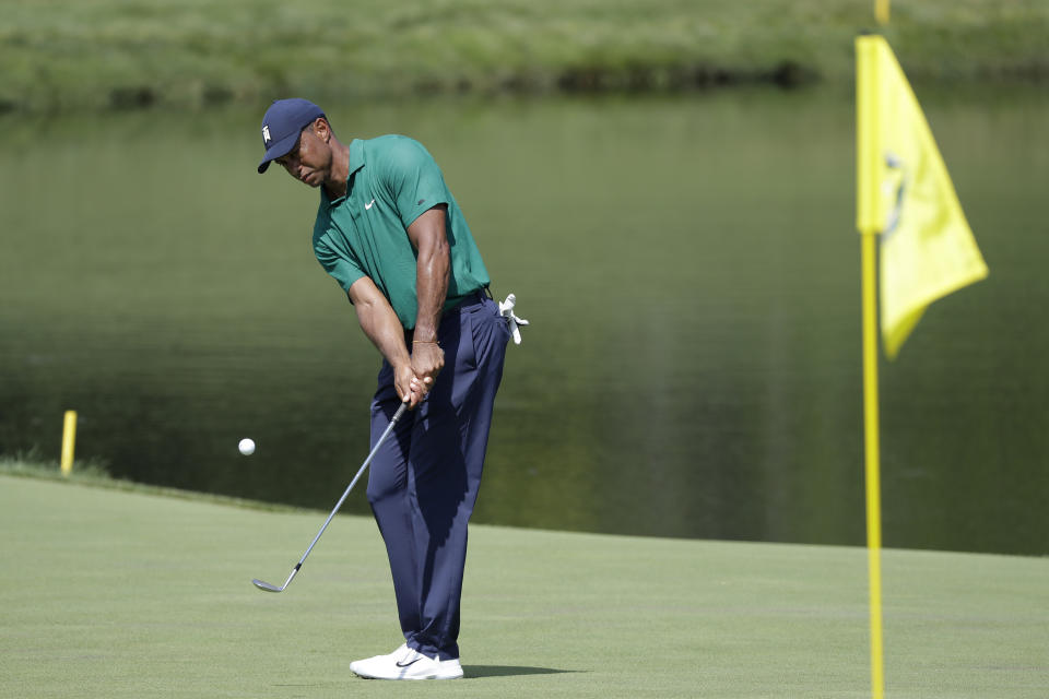 Tiger Woods hits toward the 16th hole during the third round of the Memorial golf tournament, Saturday, July 18, 2020, in Dublin, Ohio. (AP Photo/Darron Cummings)