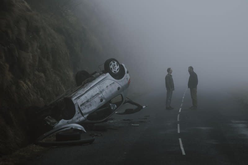 Daniel (Arben Bajraktaraj, L) and Nathan (Hugo Dillon) do not survive their automobile accident. Photo courtesy of Arrow Films