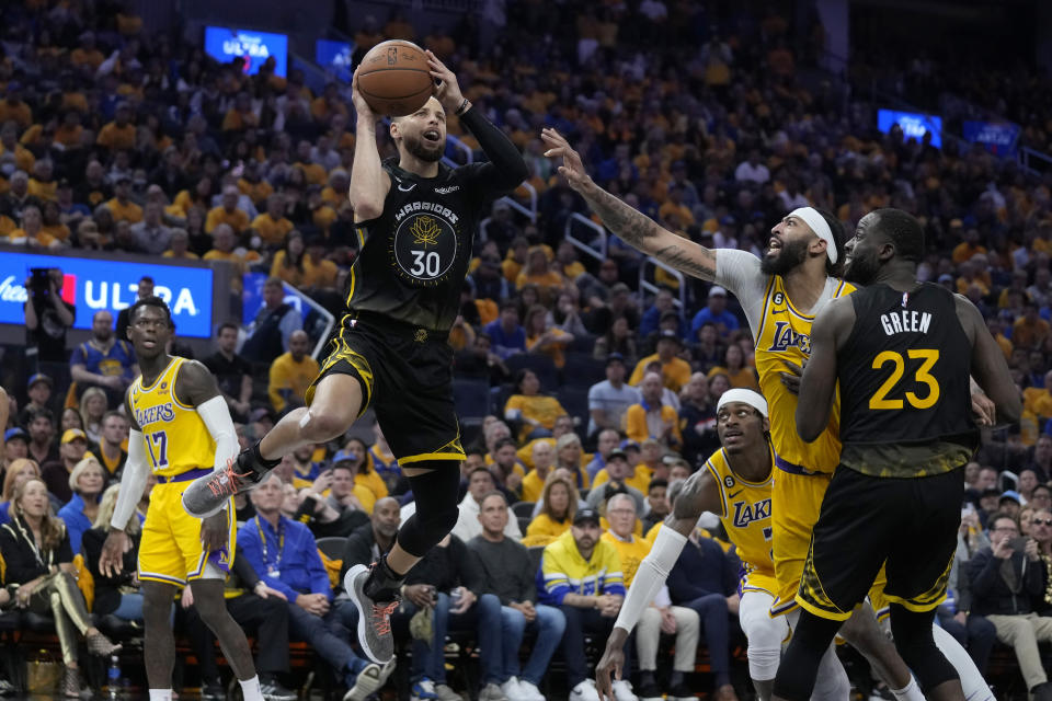 Golden State Warriors guard Stephen Curry (30) during Game 1 of the NBA basketball Western Conference semifinals against the Los Angeles Lakers in San Francisco, Tuesday, May 2, 2023. (AP Photo/Jeff Chiu)