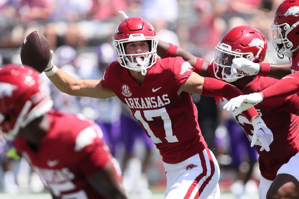 Sep 2, 2023; Little Rock, Arkansas, USA; Arkansas Razorbacks defensive back Hudson Clark (17) celebrates after an interception in the first quarter against the Western Carolina Catamounts at War Memorial Stadium. Mandatory Credit: Nelson Chenault-USA TODAY Sports