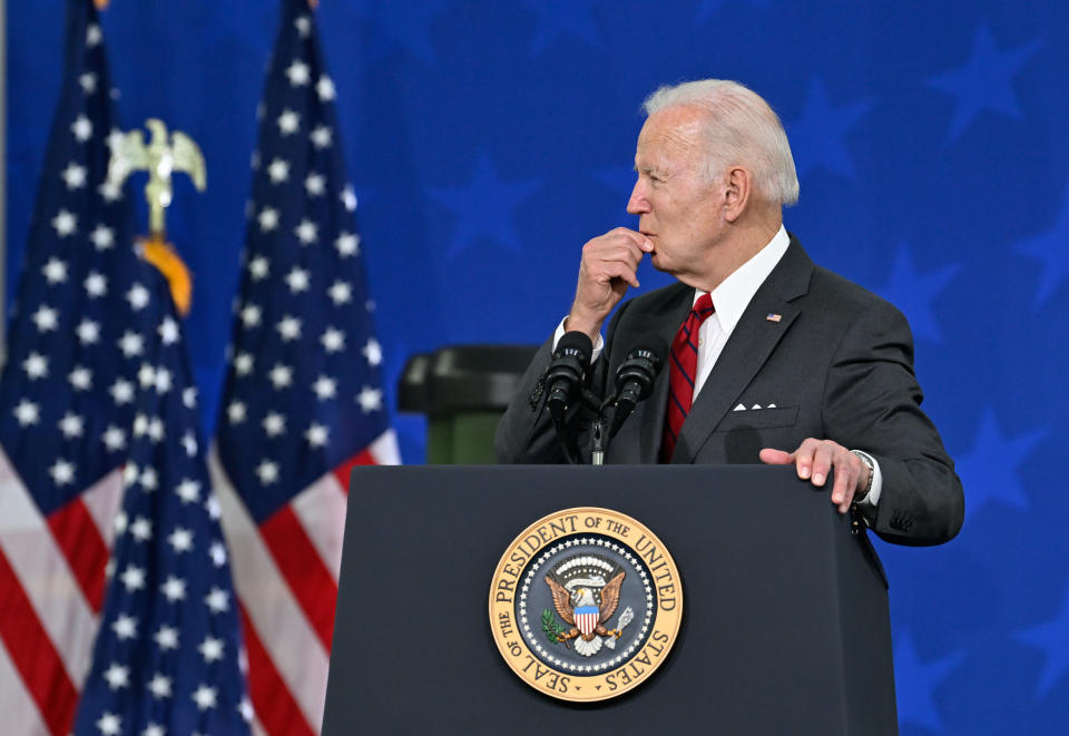 TROY, USA - MAY 3: US President Joe Biden delivers a speech during his visit at Lockheed Martin facility which manufactures weapon systems such as Javelin anti-tank missiles, which the Biden-Harris Administration is providing Ukraine in Troy, AL, United States on May 3, 2022 (Photo by Peter Zay/Anadolu Agency via Getty Images)