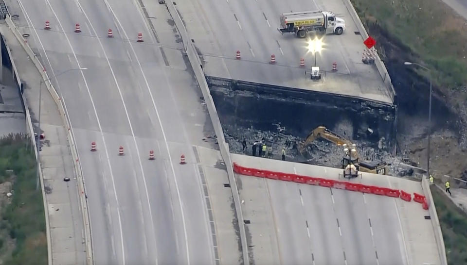 This screen grab from video provided by WPVI-TV/6ABC shows the collapsed section of I-95 as crews continue to work on the scene in Philadelphia, Monday, June 12, 2023. (WPVI-TV/6ABC via AP)