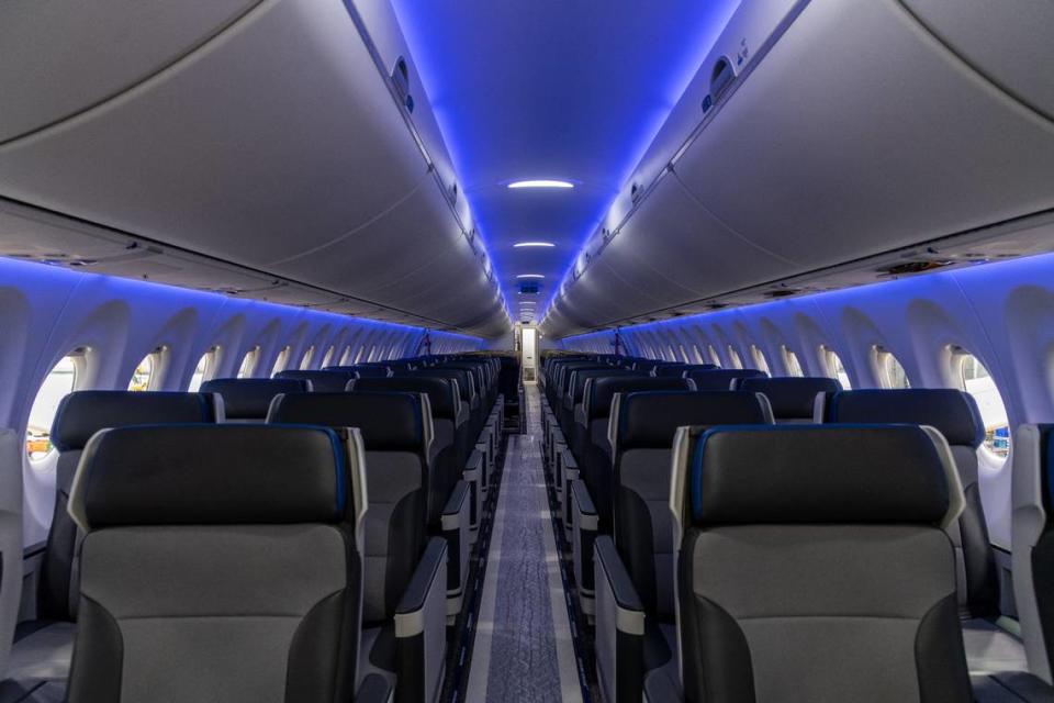 Breeze A220 mood lighting fills the plane with a blow glow. Breeze Airways will be flying nonstop from Gulfport to Tampa and Las Vegas starting in early 2024. Tad Denson/Tad Denson - Airwind.com