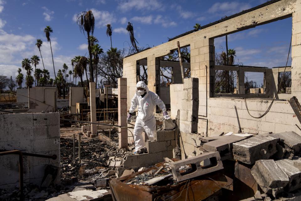 FILE - The Rev. Ai Hironaka, resident minister of the Lahaina Hongwanji Mission, walks through the grounds of his temple and residence destroyed by wildfire, Dec. 7, 2023, in Lahaina, Hawaii. Nearly six months after a wind-whipped wildfire destroyed the historic town of Lahaina, the Maui Police Department said Monday, Feb. 5, 2024, it is releasing a preliminary report about its response to the tragedy. (AP Photo/Lindsey Wasson, File)