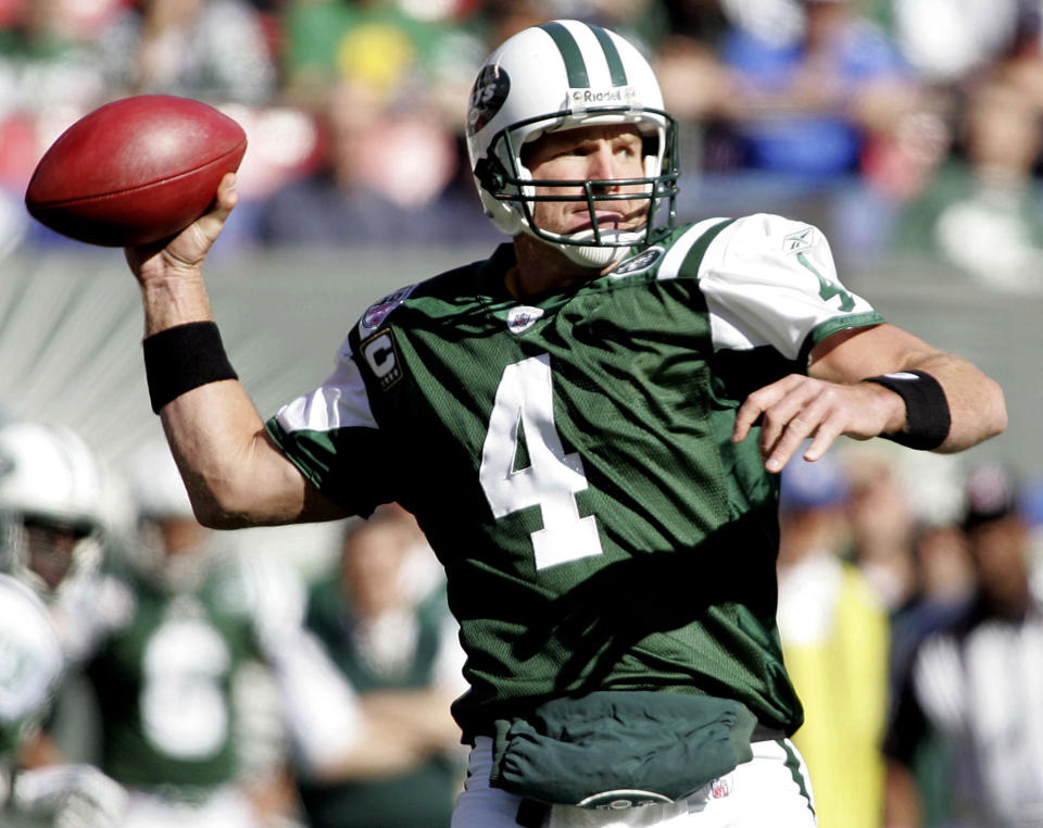 FILE - New York Jets quarterback Brett Favre throws against the Kansas City Chiefs during the first quarter of an NFL football game in East Rutherford, N.J., Oct. 26, 2008. After 17 NFL seasons, including 16 in Green Bay, three-time MVP and one-time Super Bowl champion Favre was traded to New York during training camp in 2008 for a conditional fourth-round pick. (AP Photo/Tim Larsen, File)