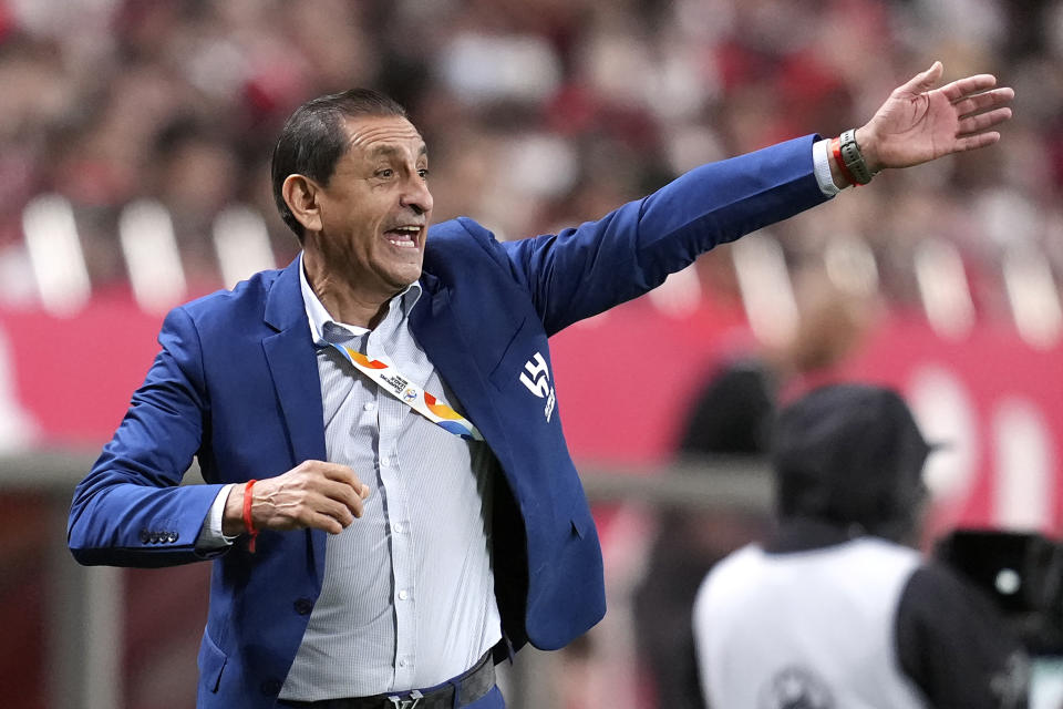 Head coach Ramon Diaz of Saudi Arabia's Al Hilal directs his team during the AFC Champions League final match between Japan's Urawa Red Diamonds and Saudi Arabia's Al Hilal at Saitama Stadium in Saitama, near Tokyo, Saturday, May 6, 2023. (AP Photo/Toru Hanai)