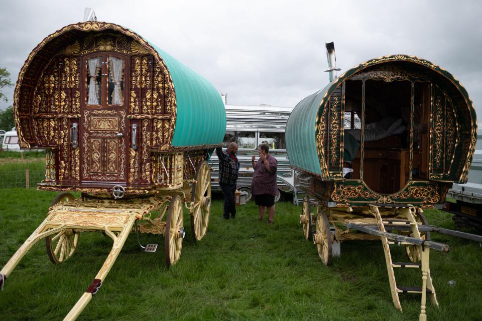 Bow top wagons at first day of the annual Appleby Horse Fair, in the town of Appleby-in-Westmorland, north west England on June 9, 2022.