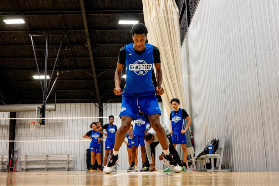 Carlos Adamson Jr. runs drills during a Grind Prep basketball practice at the Oklahoma Athletic Center in Oklahoma City, on Monday, April 1, 2024.