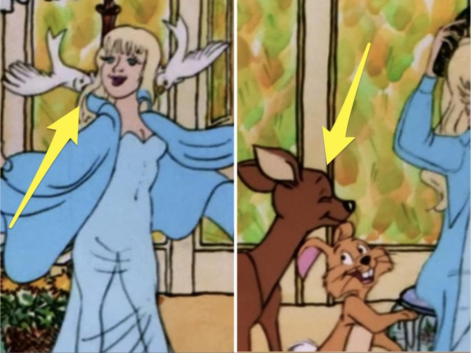 birds helping an animated sandy get dresses (left) and a deer who looks like bambi (right)